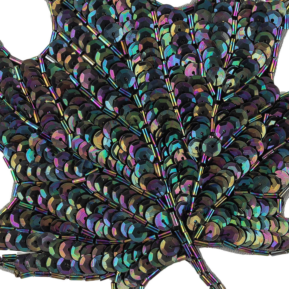 Vintage Black Iris Sequins and Bugle Beaded Large Leaf Applique - 7.375" x 5.875" Detail