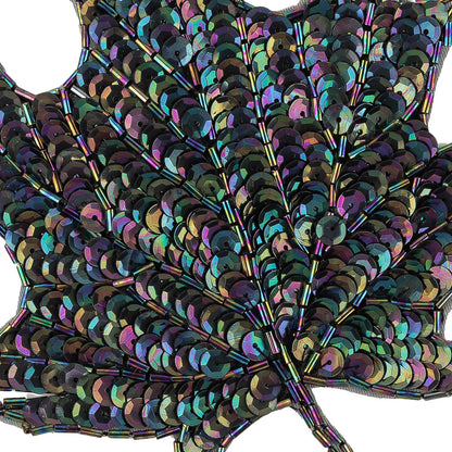 Vintage Black Iris Sequins and Bugle Beaded Large Leaf Applique - 7.375" x 5.875" Detail