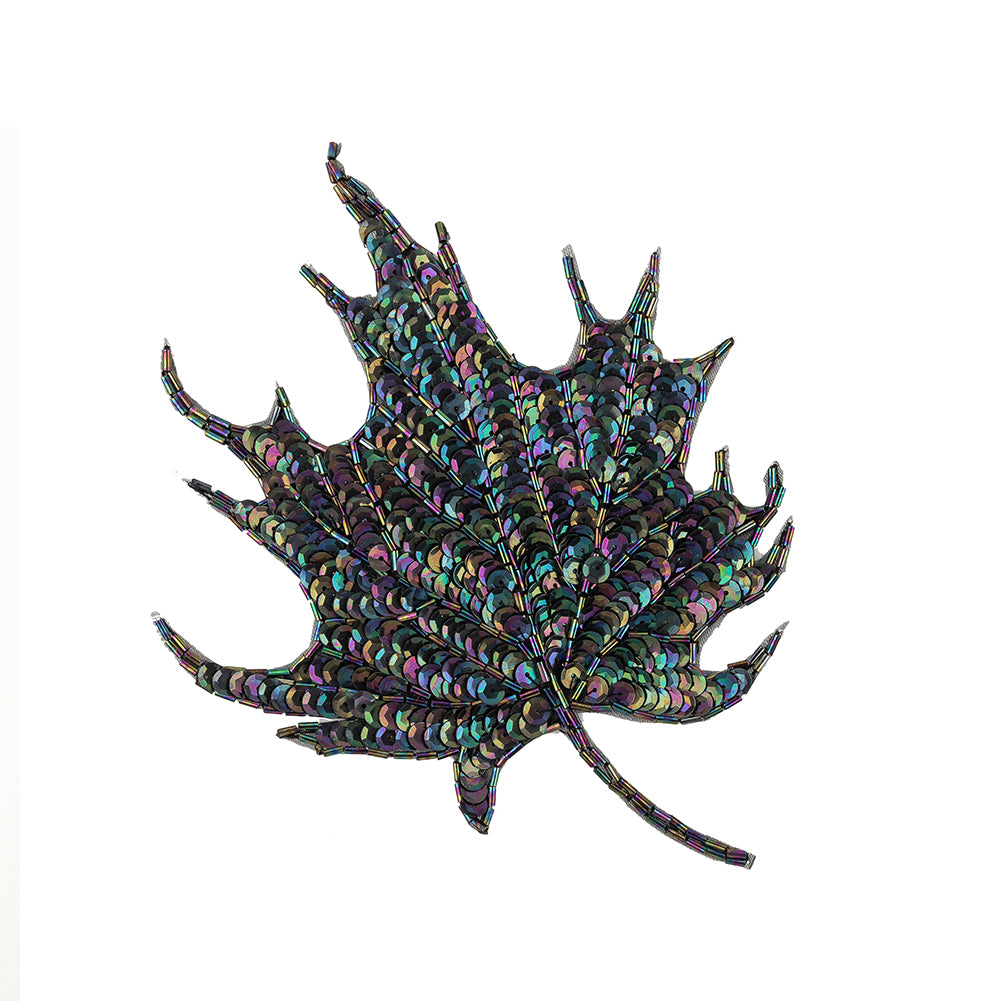 Vintage Black Iris Sequins and Bugle Beaded Large Leaf Applique - 7.375" x 5.875"
