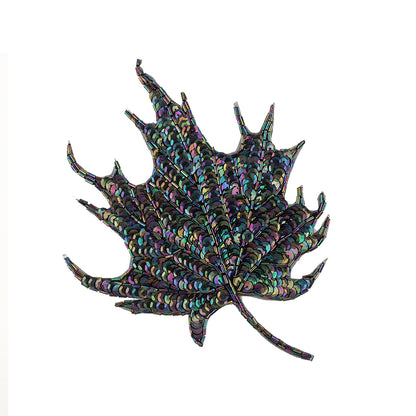 Vintage Black Iris Sequins and Bugle Beaded Large Leaf Applique - 7.375" x 5.875"