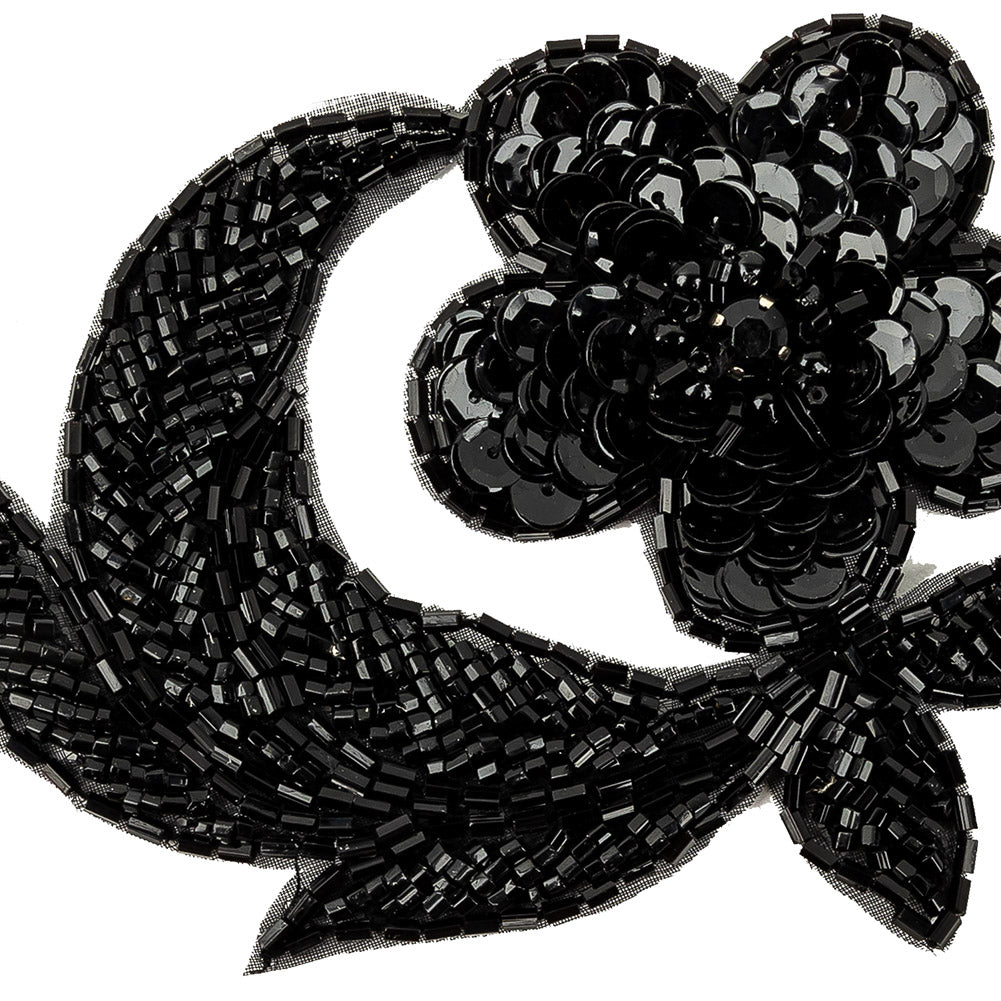 Vintage Black Sequins and Beaded Floral Applique with Rhinestone Core - 3.25" x 5" Detail
