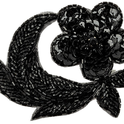 Vintage Black Sequins and Beaded Floral Applique with Rhinestone Core - 3.25" x 5" Detail