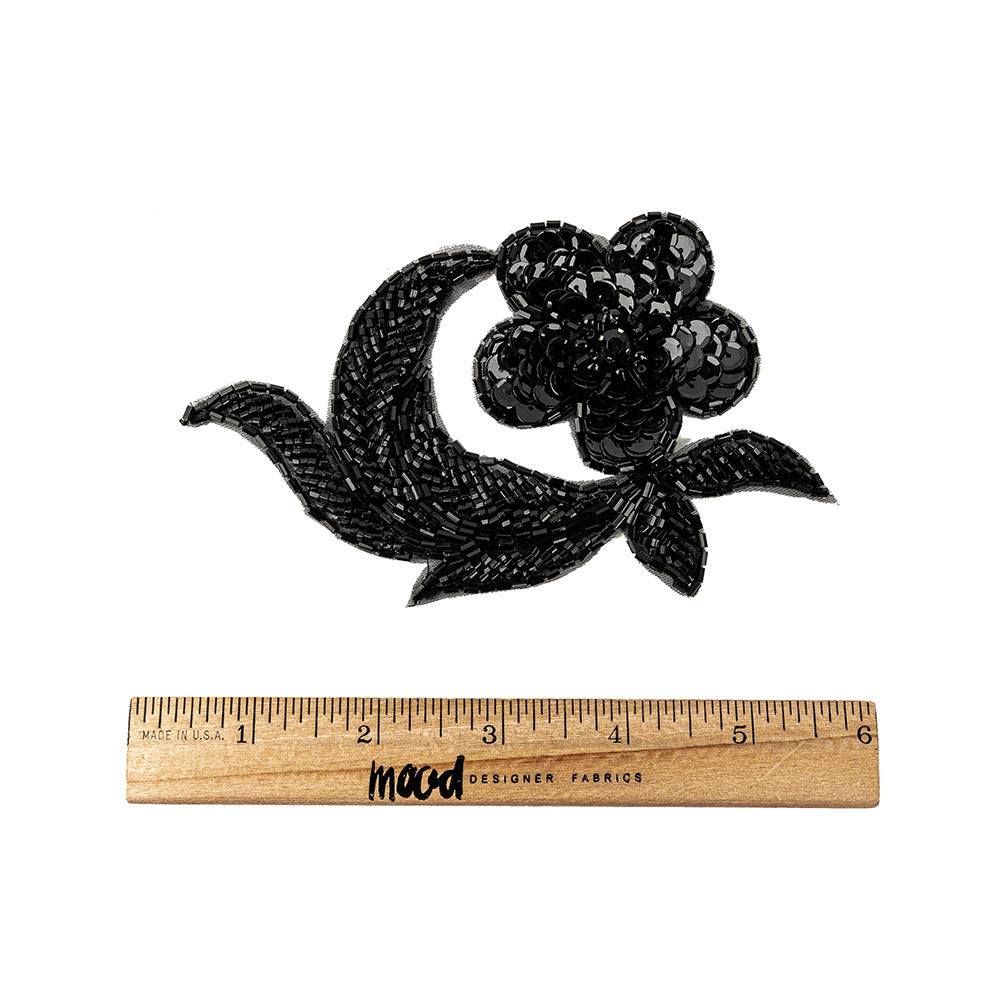 Vintage Black Sequins and Beaded Floral Applique with Rhinestone Core - 3.25" x 5" Full