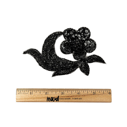 Vintage Black Sequins and Beaded Floral Applique with Rhinestone Core - 3.25" x 5" Full