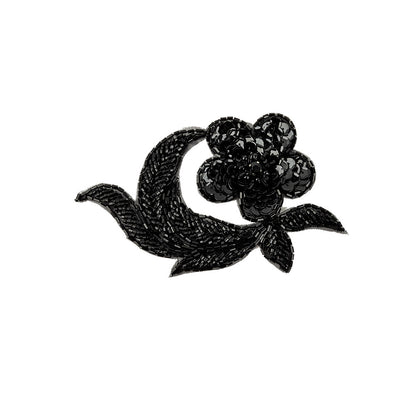 Vintage Black Sequins and Beaded Floral Applique with Rhinestone Core - 3.25" x 5"