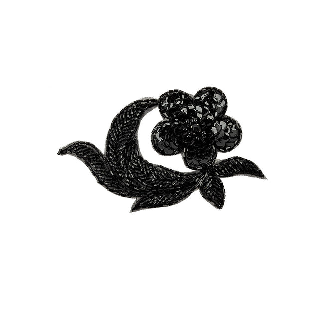 Vintage Black Sequins and Beaded Floral Applique with Rhinestone Core - 3.25" x 5"