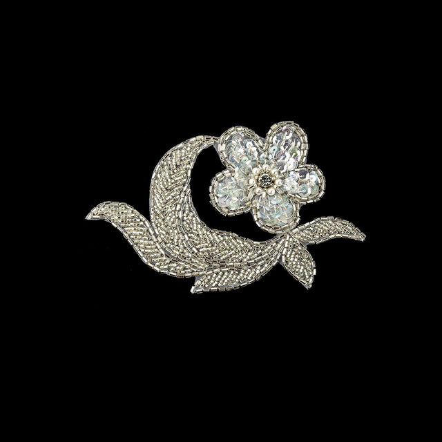 Vintage White Iris Sequins and Silver-lined Beaded Floral Applique with Rhinestone Core - 3.25" x 5"