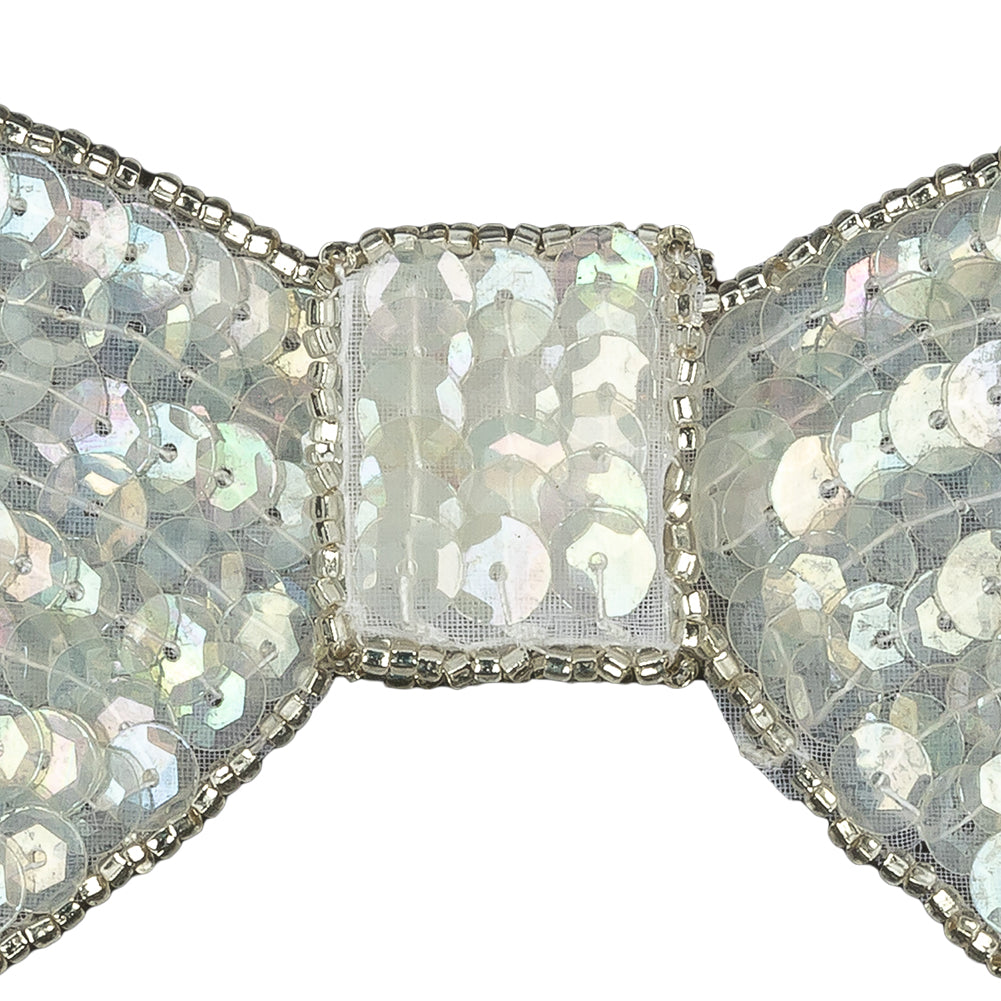 Vintage Iridescent White and Silver Lined Sequined and Beaded Bow Applique - 2.75" x 2.5" Detail