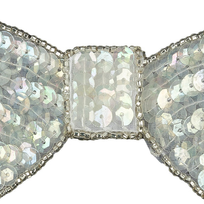 Vintage Iridescent White and Silver Lined Sequined and Beaded Bow Applique - 2.75" x 2.5" Detail