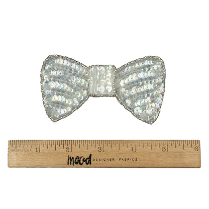 Vintage Iridescent White and Silver Lined Sequined and Beaded Bow Applique - 2.75" x 2.5" Full