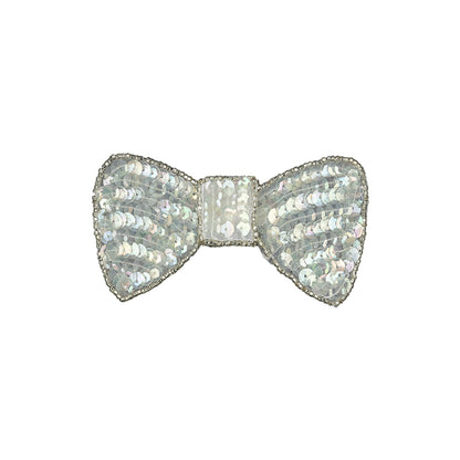 Vintage Iridescent White and Silver Lined Sequined and Beaded Bow Applique - 2.75" x 2.5"