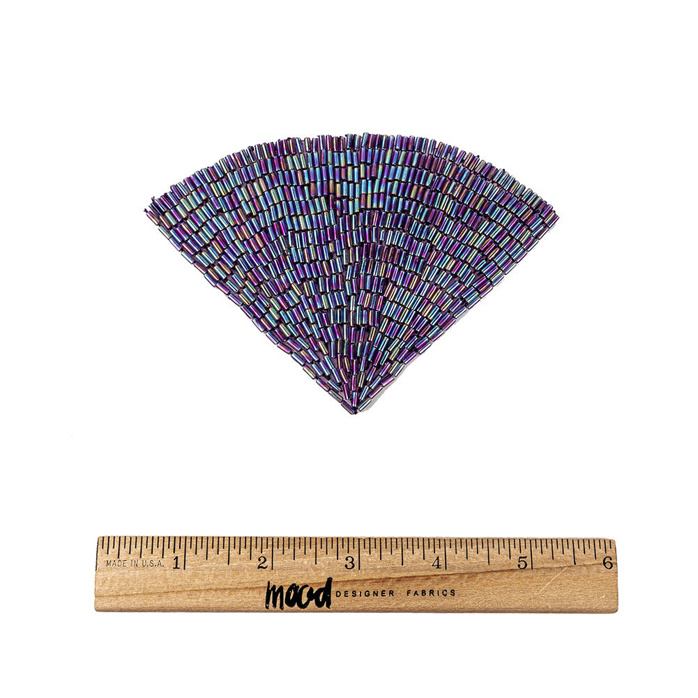 Vintage Lavender Iris Beaded Fan Applique - 3.5" x 5" Full
