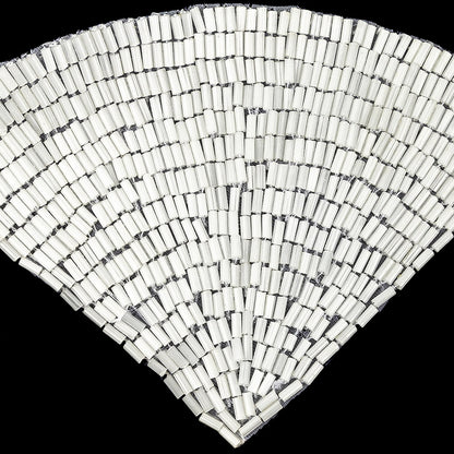 Vintage White Satin Beaded Fan Applique - 3.5" x 5" Detail