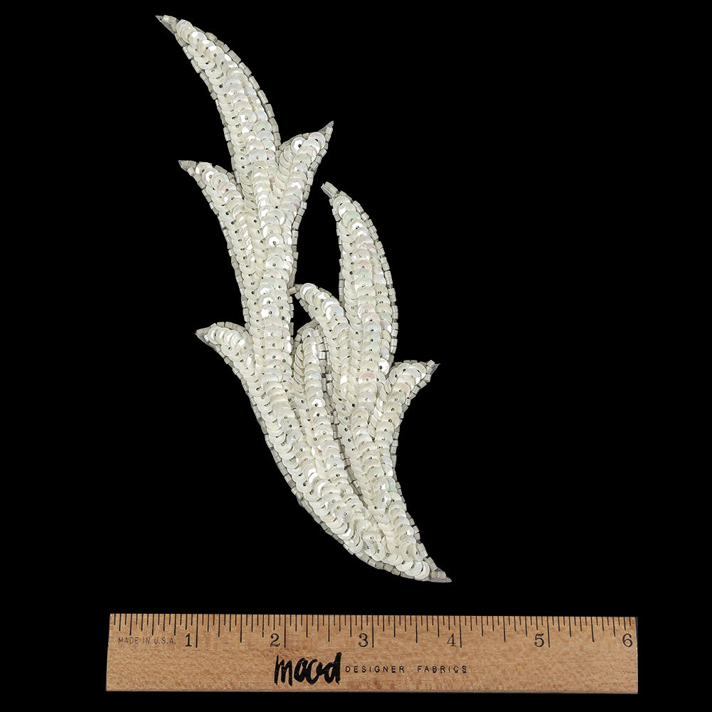 Vintage White Iris Leaf Sequined Applique - 7.5" X 2.5" Full