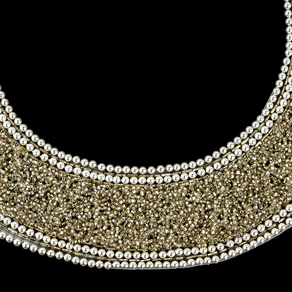 Vintage Fancy Pearl Bordered Silver-lined Beaded Neckline Applique - 8.75" x 9.375" Detail