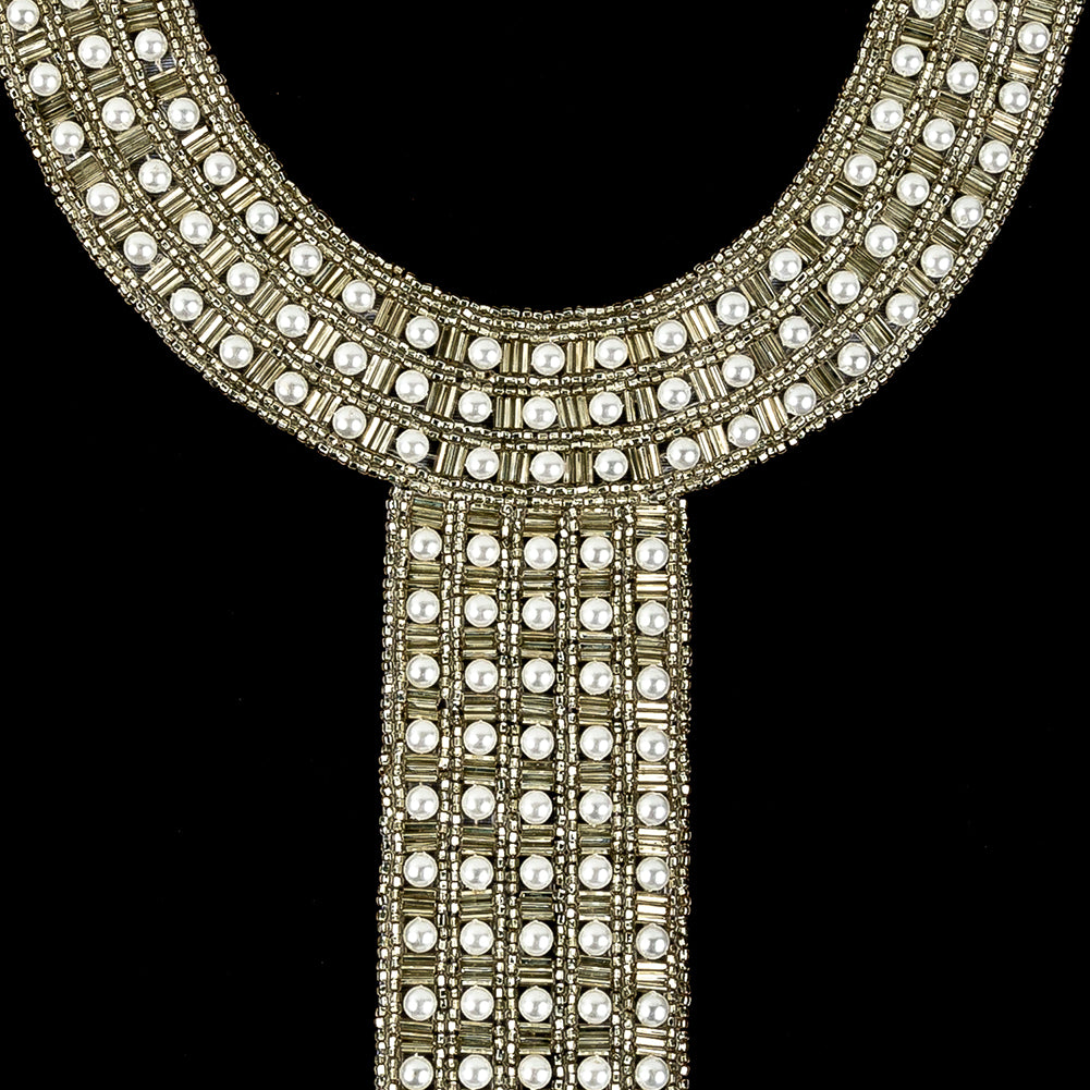 Vintage Fancy Pearl and Silver-lined Beaded Neckline Applique - 13" x 6.75" Detail