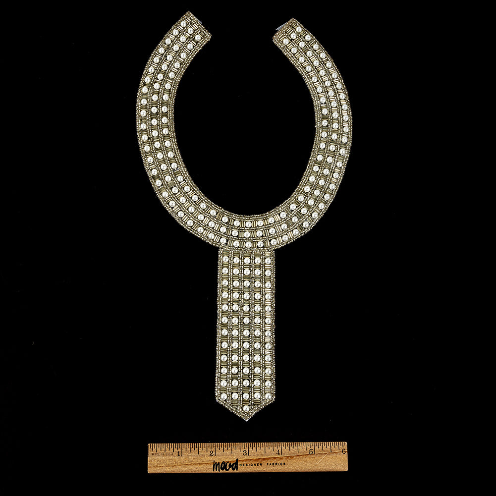 Vintage Fancy Pearl and Silver-lined Beaded Neckline Applique - 13" x 6.75" Full