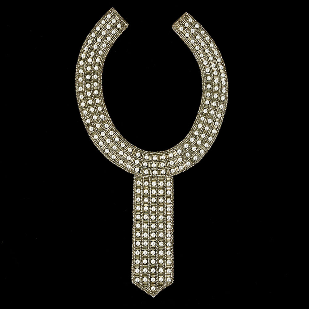 Vintage Fancy Pearl and Silver-lined Beaded Neckline Applique - 13" x 6.75"
