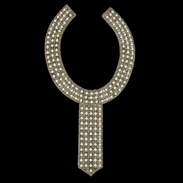 Vintage Fancy Pearl and Silver-lined Beaded Neckline Applique - 13" x 6.75"