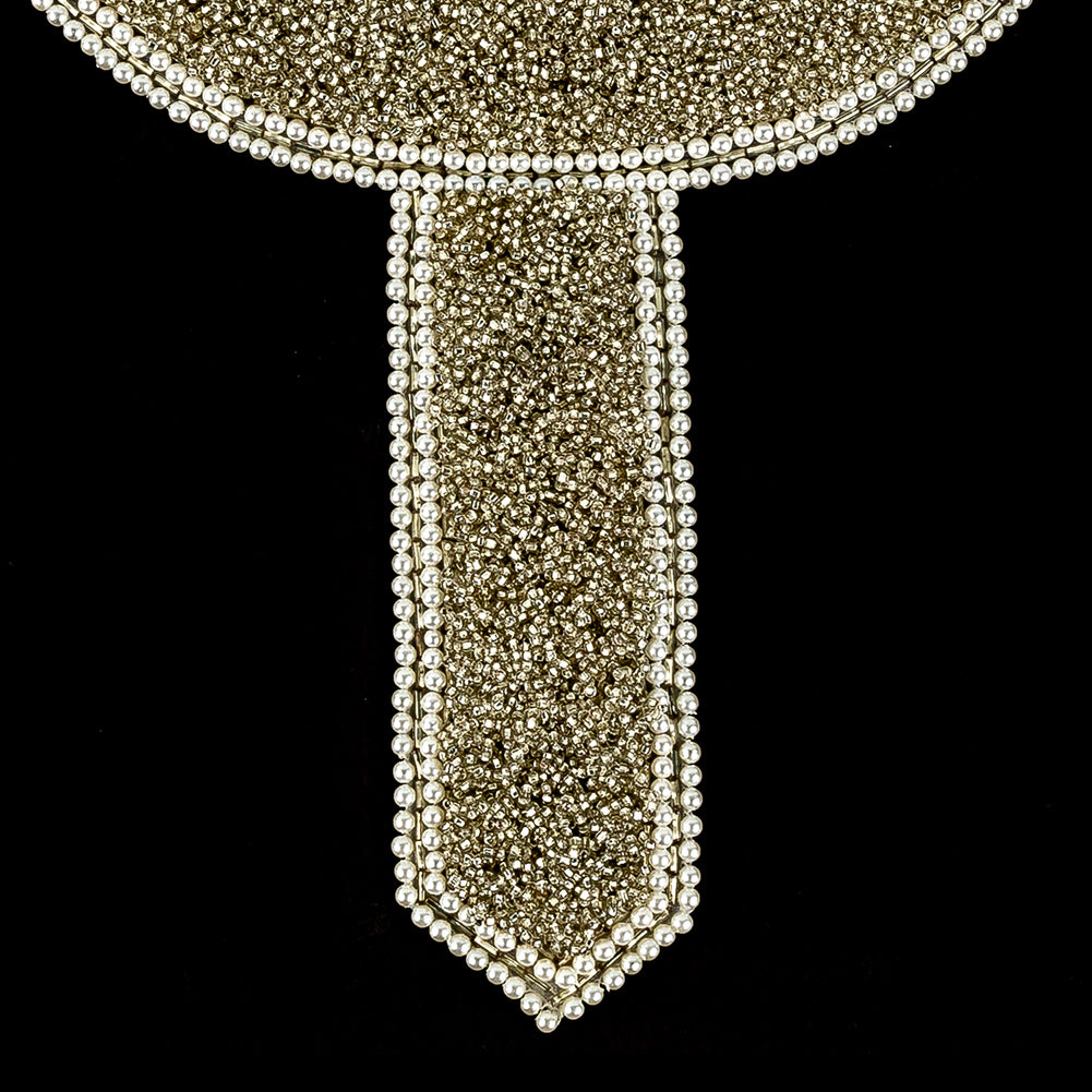 Vintage Fancy Pearl Bordered Silver-lined Beaded Neckline Applique - 14" x 9" Detail