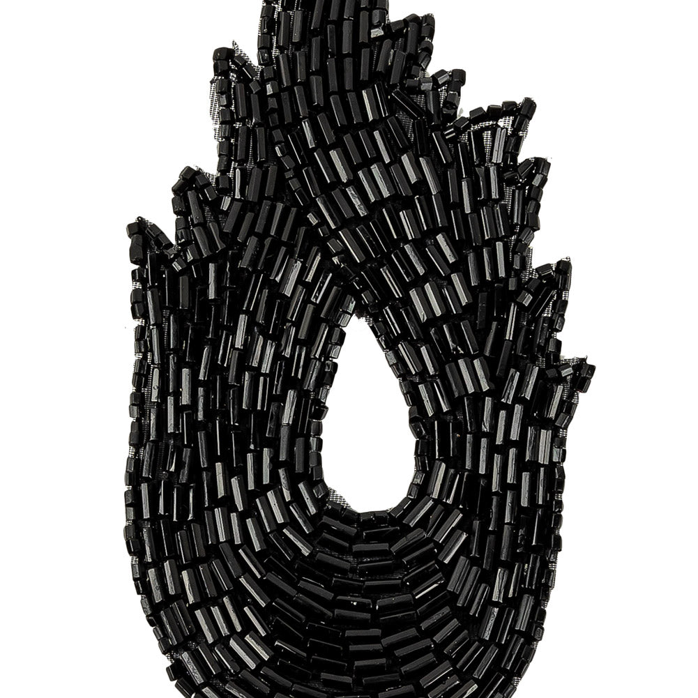 Vintage Black Bugle Beaded Abstract Applique - 4.625" x 2.5" Detail
