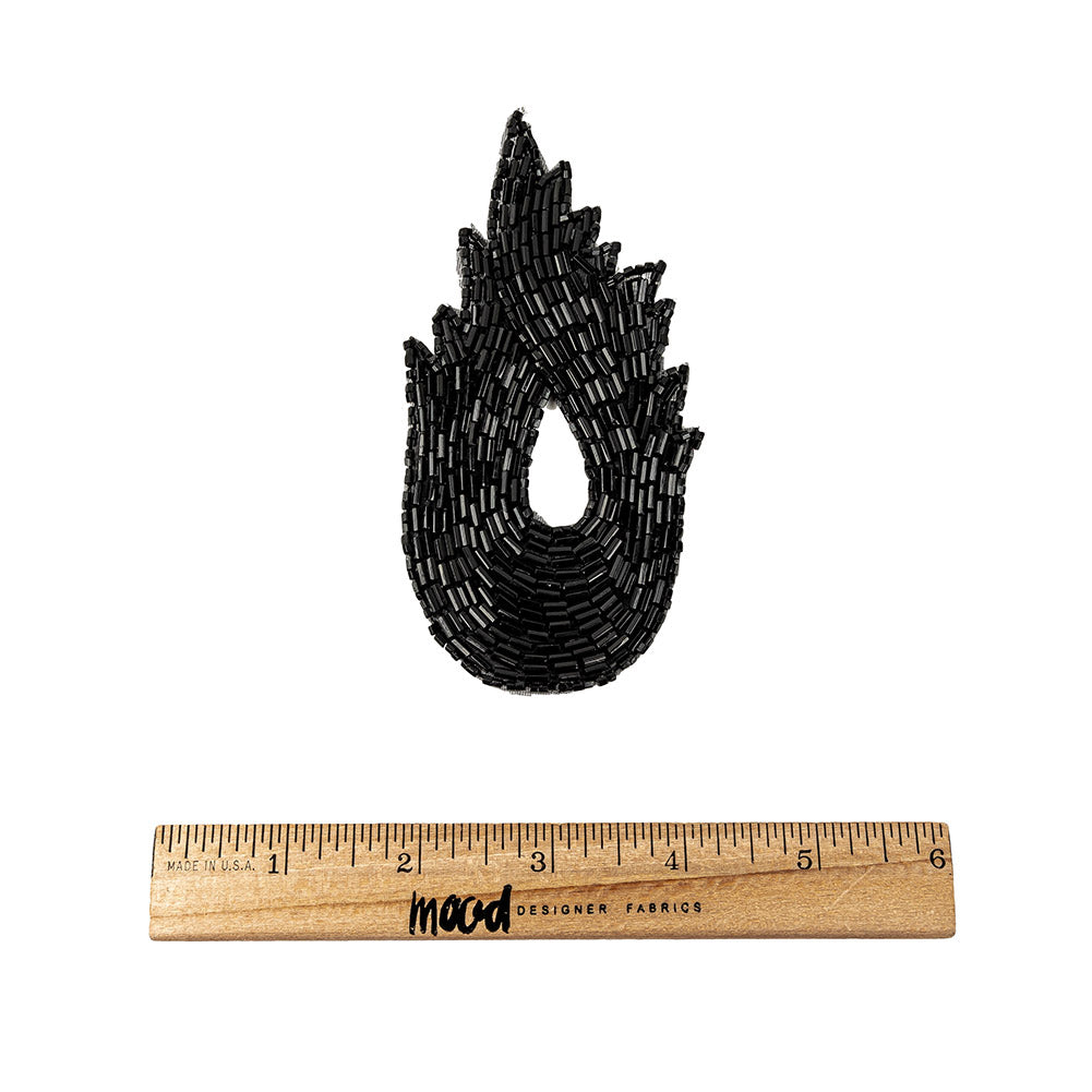 Vintage Black Bugle Beaded Abstract Applique - 4.625" x 2.5" Full