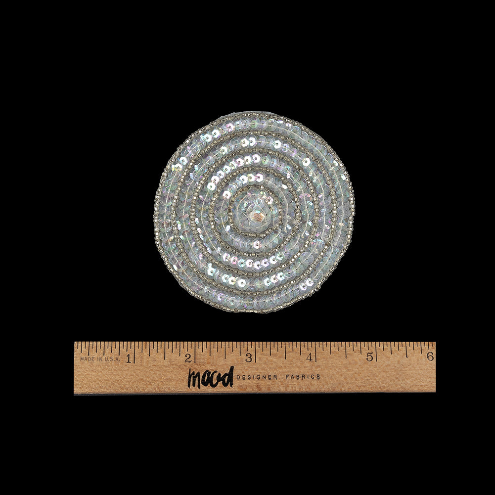 Vintage White Iris Sequins and Silver Lined Seed Beaded Concentric Circles Applique - 3.375" Full