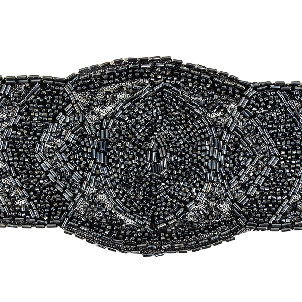 Vintage Gunmetal Bugle and Seed Beaded Abstract Mesh-Backed Applique - 13.25" x 4" Detail