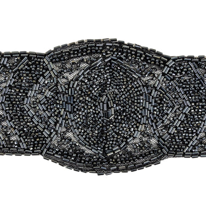 Vintage Gunmetal Bugle and Seed Beaded Abstract Mesh-Backed Applique - 13.25" x 4" Detail