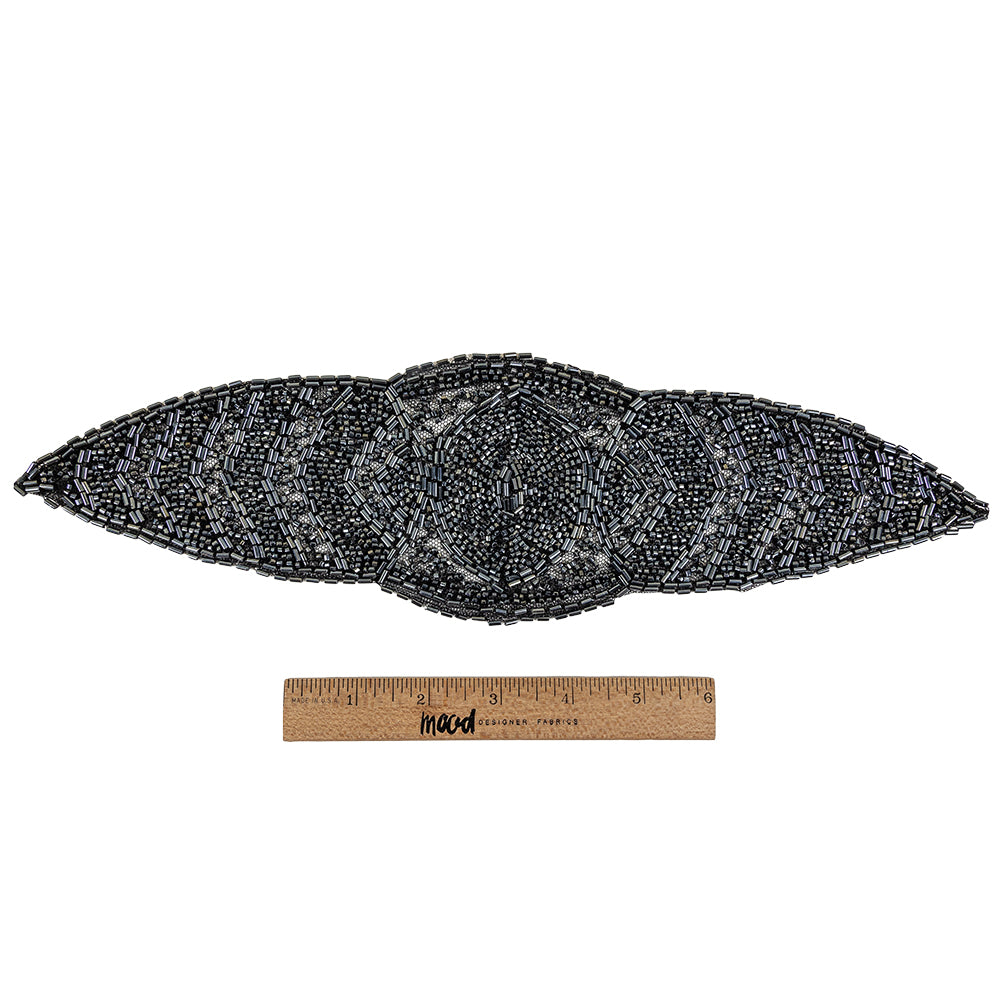 Vintage Gunmetal Bugle and Seed Beaded Abstract Mesh-Backed Applique - 13.25" x 4" Full