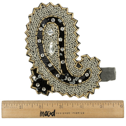 Vintage Black, Silver and Gold Left Paisley Beaded, Sequined and Rhinestone Applique - 5.25" x 3.75" Full