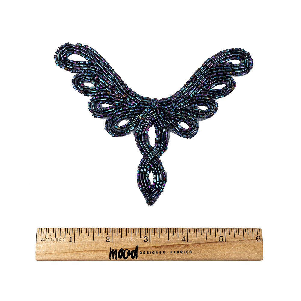 Vintage Blue Iris Bugle and Chop Beaded Abstract Applique - 4.25" x 5.5" Full