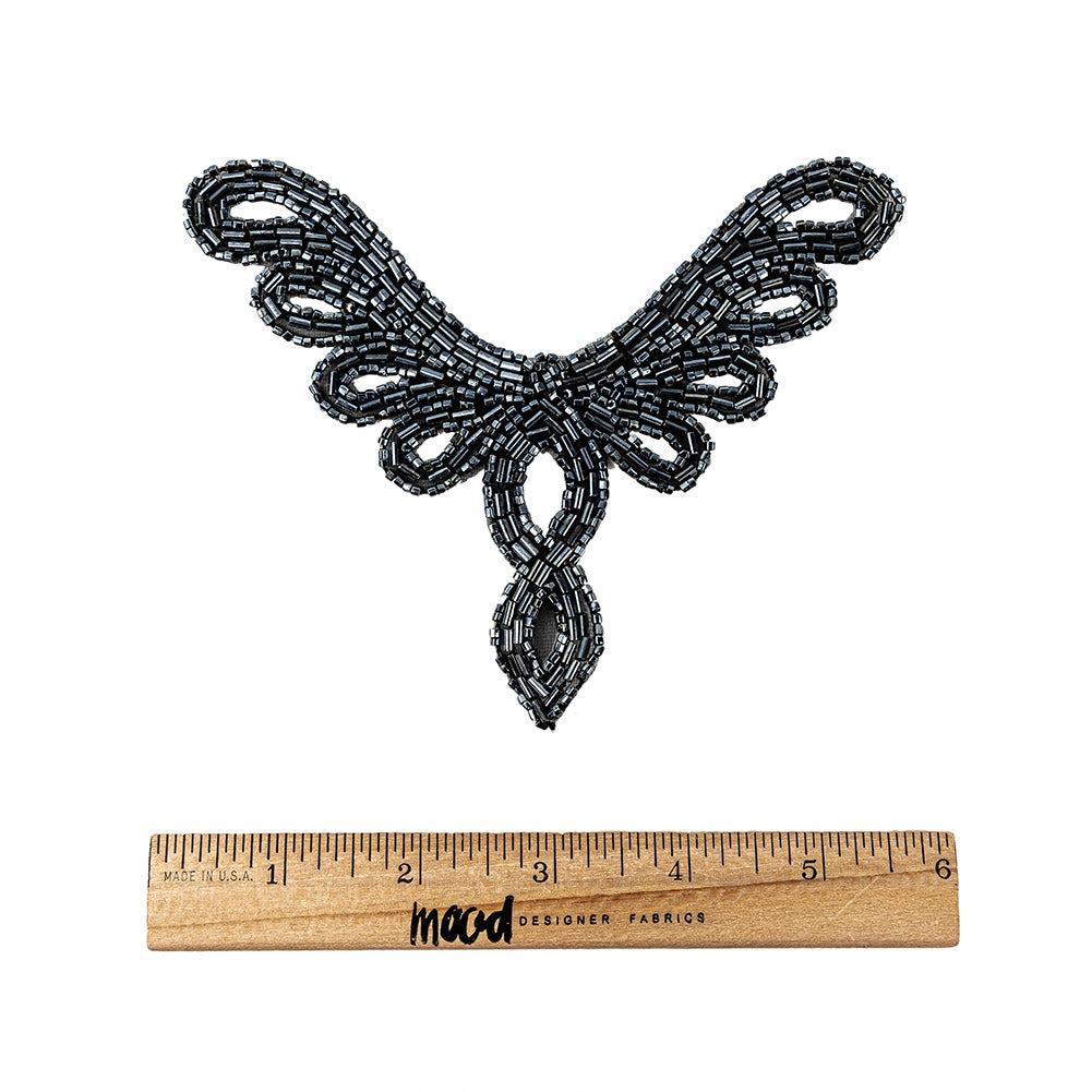 Vintage Gunmetal Bugle and Chop Beaded Abstract Applique - 4.25" x 5.5" Full
