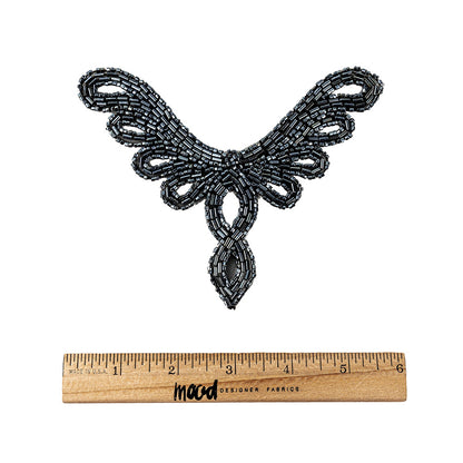 Vintage Gunmetal Bugle and Chop Beaded Abstract Applique - 4.25" x 5.5" Full