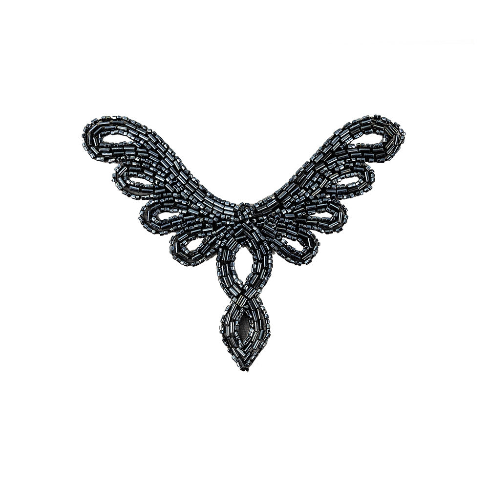 Vintage Gunmetal Bugle and Chop Beaded Abstract Applique - 4.25" x 5.5"