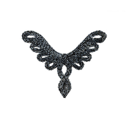 Vintage Gunmetal Bugle and Chop Beaded Abstract Applique - 4.25" x 5.5"