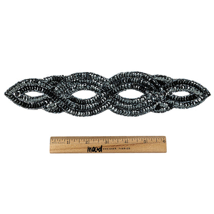 Vintage Gunmetal Sequins and Beaded Figure Eight Applique - 11" x 2.5" Full