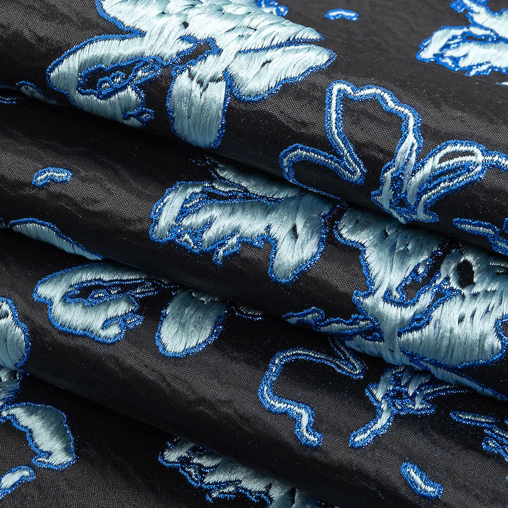 Metallic Magnetic Blue, Baby Blue and Black Floral Luxury Brocade Folded