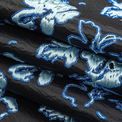 Metallic Magnetic Blue, Baby Blue and Black Floral Luxury Brocade Folded