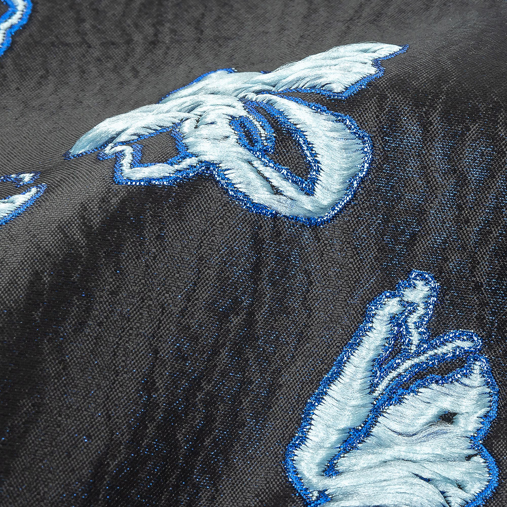 Metallic Magnetic Blue, Baby Blue and Black Floral Luxury Brocade Detail