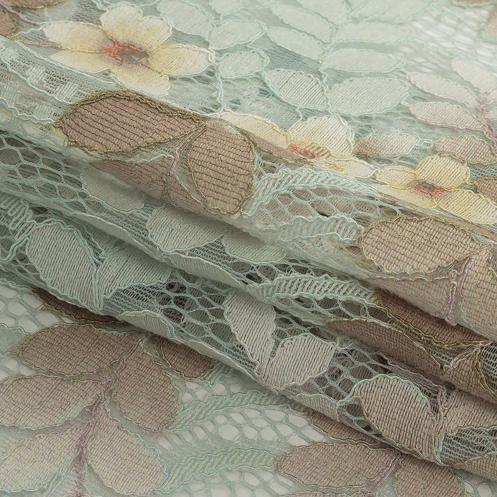 Corded Lace - Pale Aqua, Taupe and Mellow Yellow Dyed Floral Folded