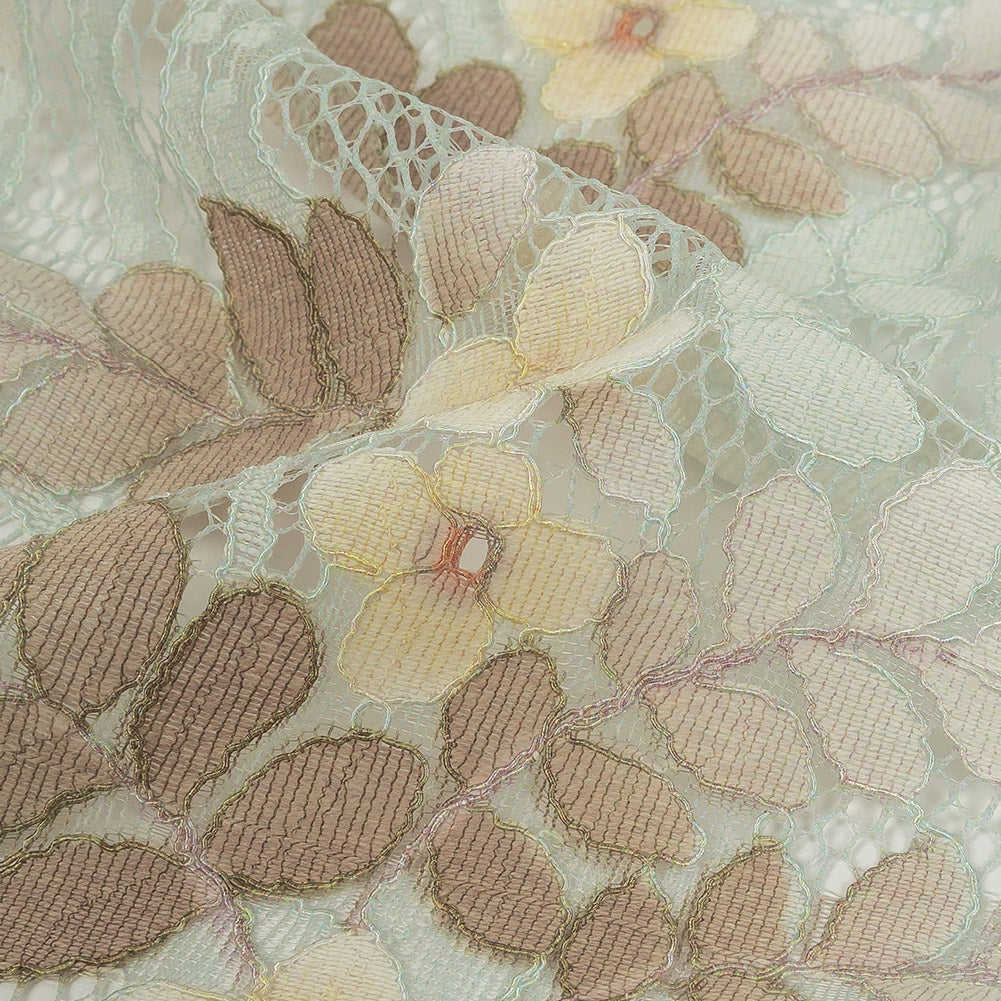 Corded Lace - Pale Aqua, Taupe and Mellow Yellow Dyed Floral Detail