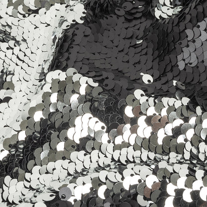 Matte Black and Reflective Silver Two-Tone Reversible Sequins on Black Polyester Jersey Detail