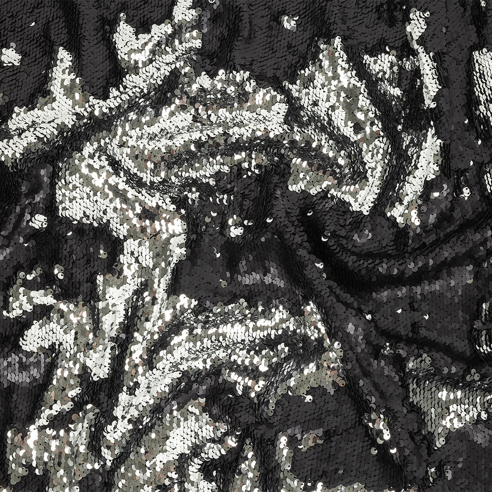 Matte Black and Reflective Silver Two-Tone Reversible Sequins on Black Polyester Jersey