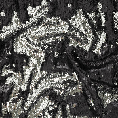 Matte Black and Reflective Silver Two-Tone Reversible Sequins on Black Polyester Jersey