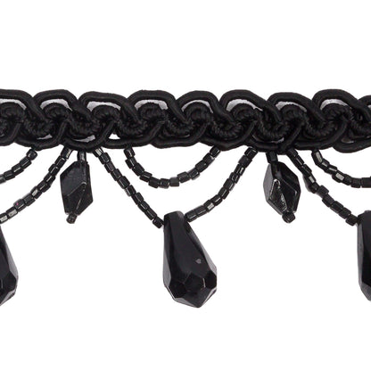 Vintage Black Teardrops and Glass Beaded Looped Fringe on Black Braid - 1.5" Detail