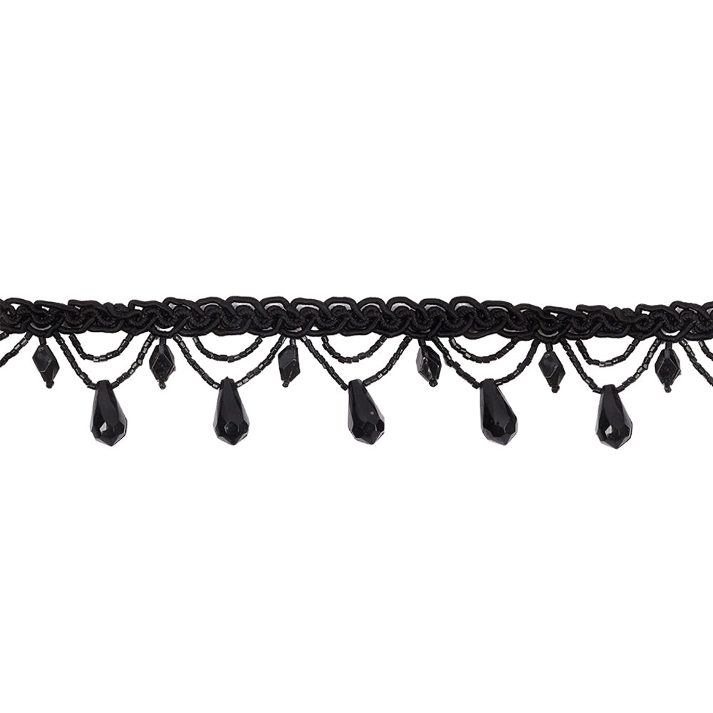 Vintage Black Teardrops and Glass Beaded Looped Fringe on Black Braid - 1.5"