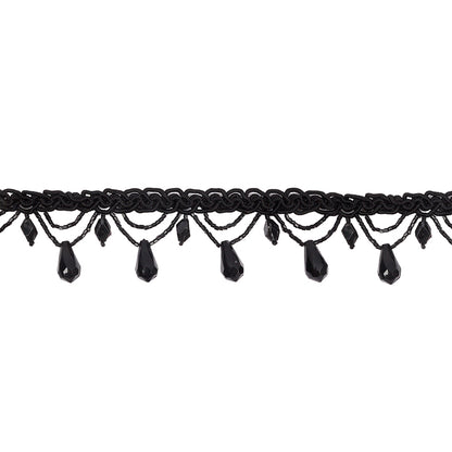 Vintage Black Teardrops and Glass Beaded Looped Fringe on Black Braid - 1.5"