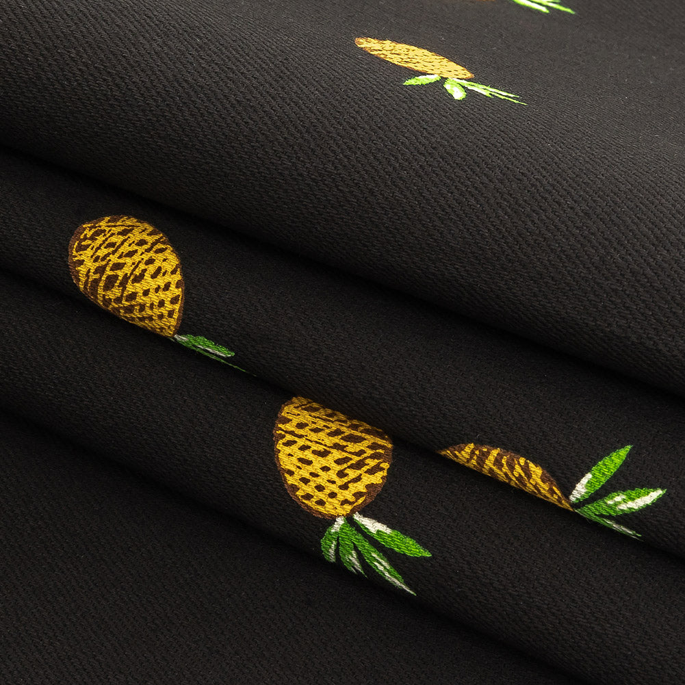 Black and Yellow Pinapples Printed Stretch Cotton Denim Folded