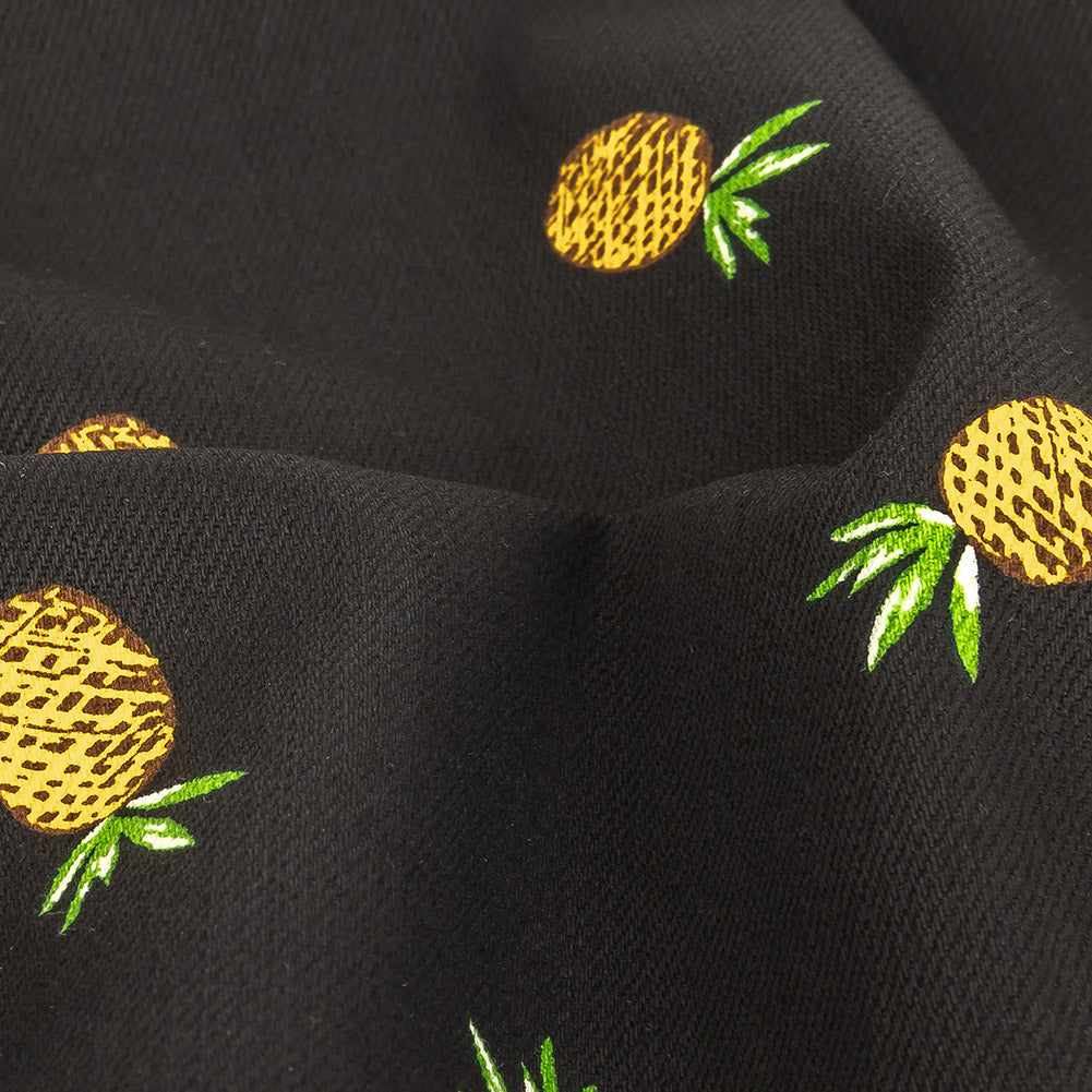 Black and Yellow Pinapples Printed Stretch Cotton Denim Detail